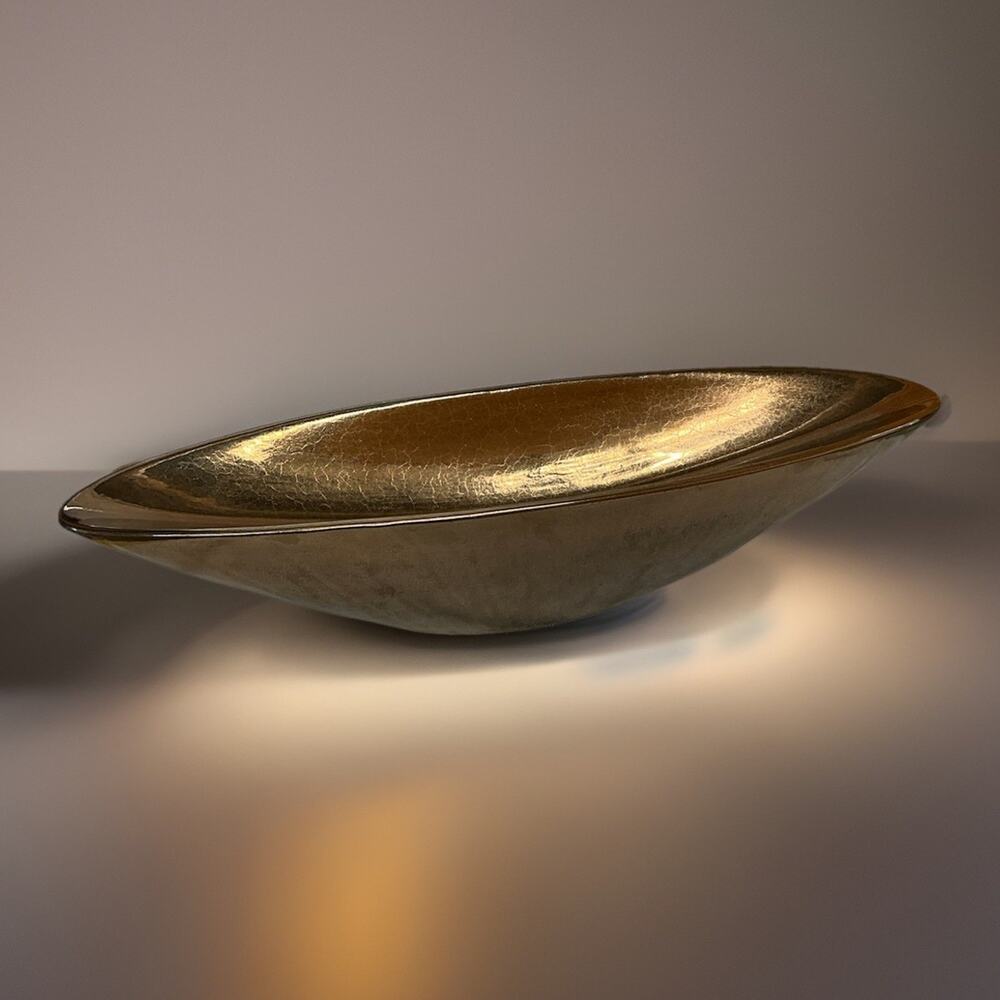 VTG Portuguese 24” Crackle Glaze Boat Bowl Gold/Bronze Centerpiece Decor Ceramic